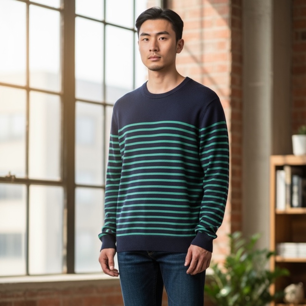 Brooks Brothers Men’s Large Navy and Green Striped Crewneck Sweater